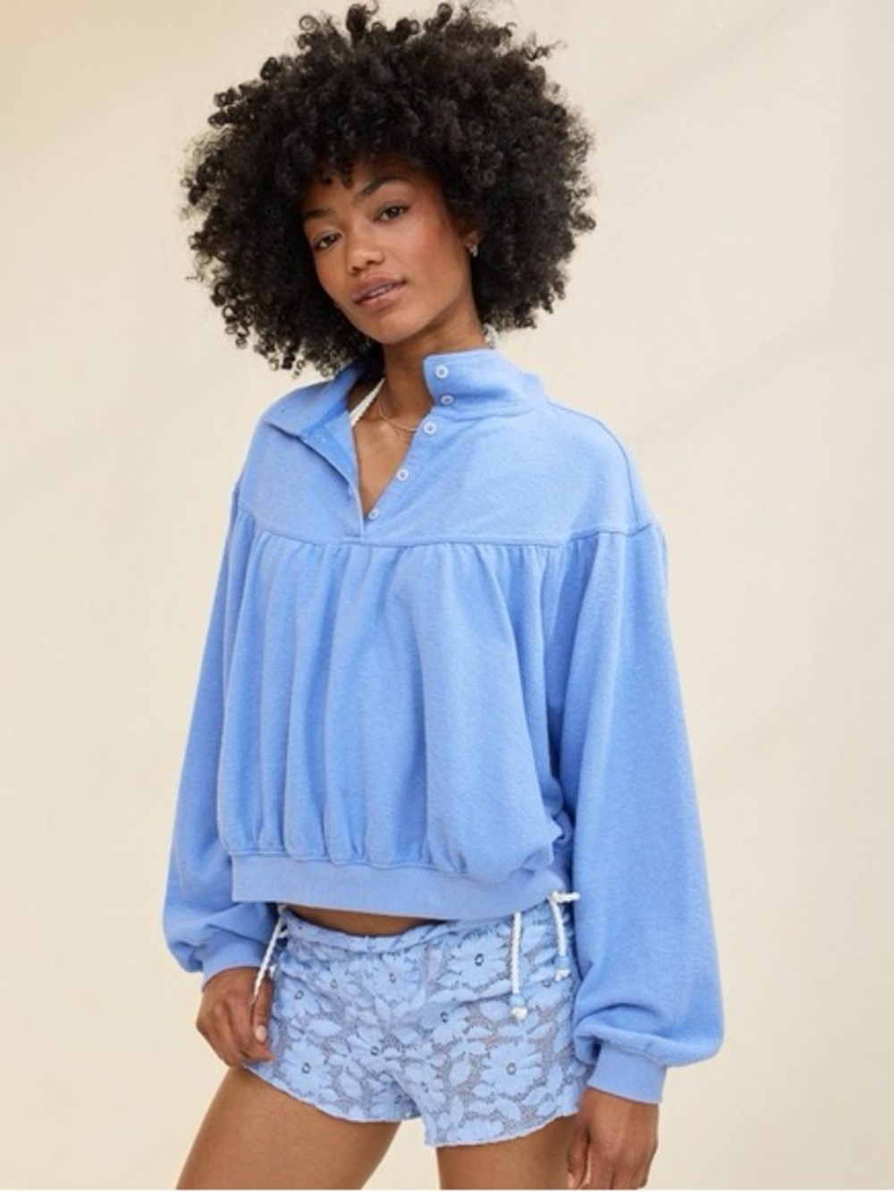 NEW AERIE Large Soft Life Babydoll Henley Sweatshirt Baby Blue Micro Terrycloth